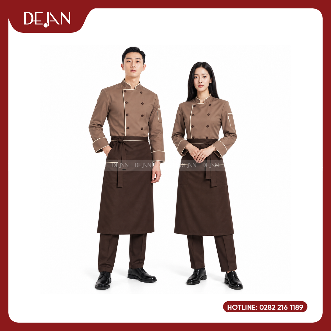 DJDB1007-dong-phuc-dau-bep-01 Đồng Phục Đầu Bếp DJDB1007 - Áo Chef Nâu Caramel Viền Kem, Tạp Dề Nâu Socola