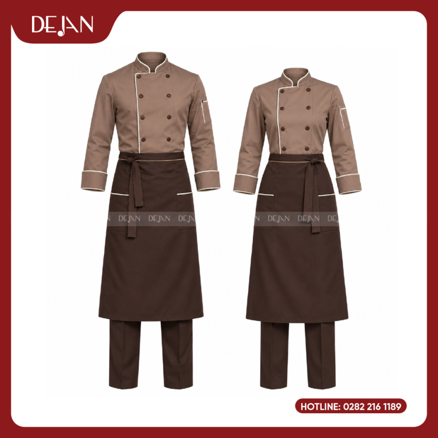 Đồng Phục Đầu Bếp DJDB1007 - Áo Chef Nâu Caramel Viền Kem, Tạp Dề Nâu Socola