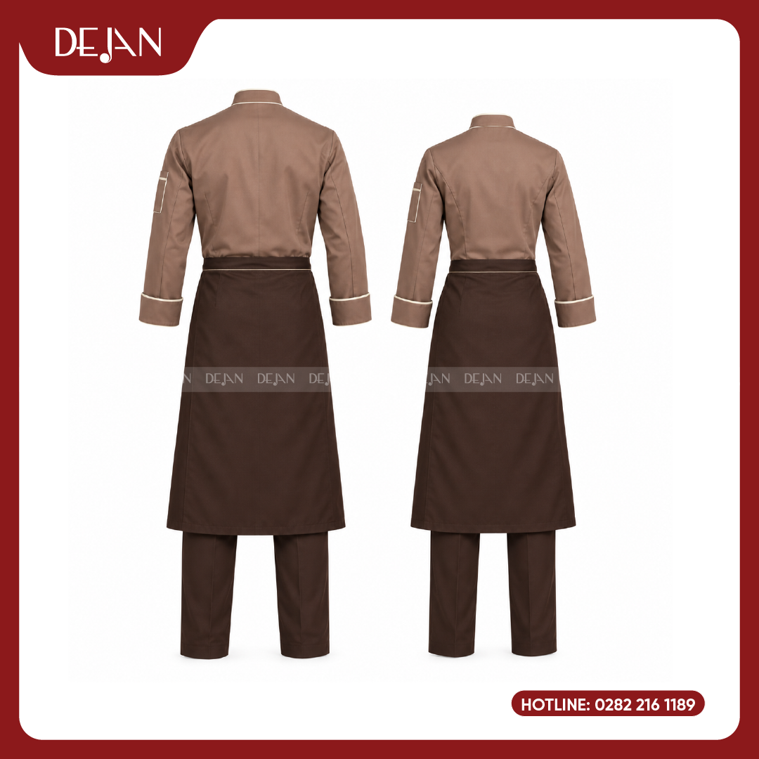 DJDB1007-dong-phuc-dau-bep-03 Đồng Phục Đầu Bếp DJDB1007 - Áo Chef Nâu Caramel Viền Kem, Tạp Dề Nâu Socola