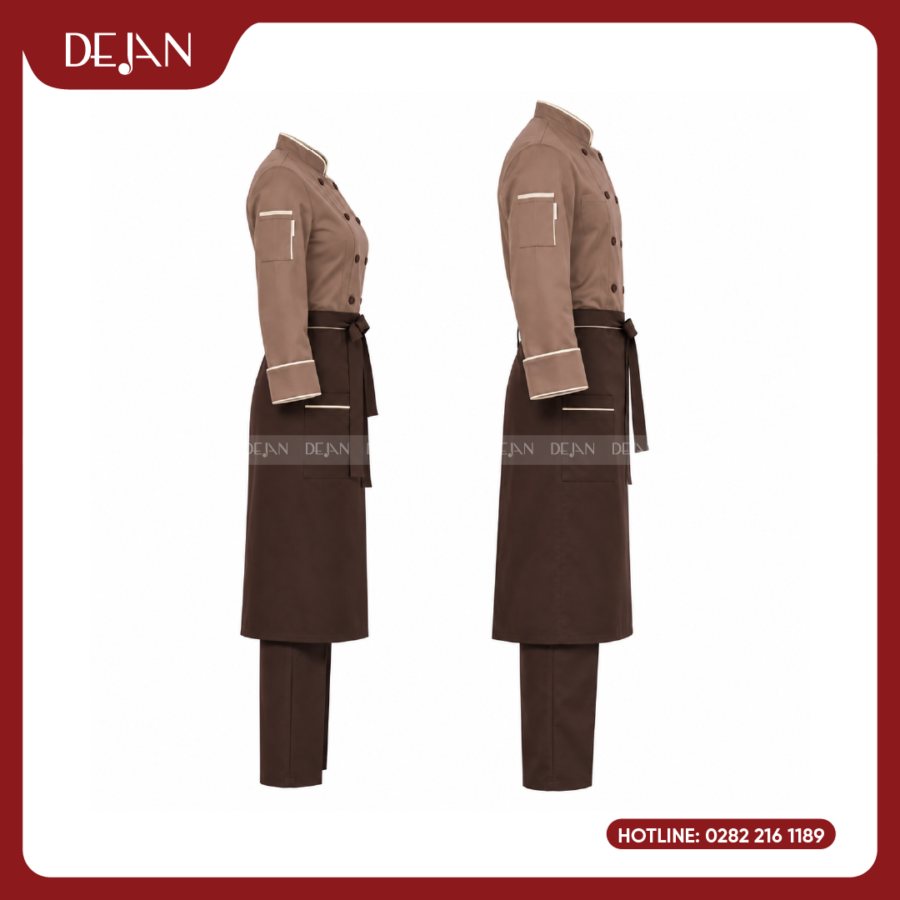 Đồng Phục Đầu Bếp DJDB1007 - Áo Chef Nâu Caramel Viền Kem, Tạp Dề Nâu Socola