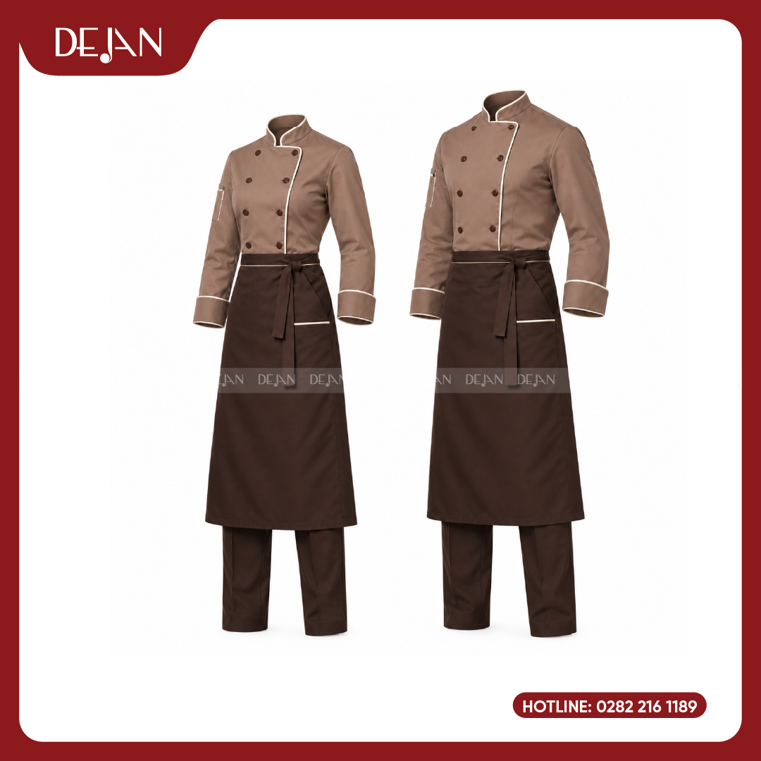 DJDB1007-dong-phuc-dau-bep-05 Đồng Phục Đầu Bếp DJDB1007 - Áo Chef Nâu Caramel Viền Kem, Tạp Dề Nâu Socola
