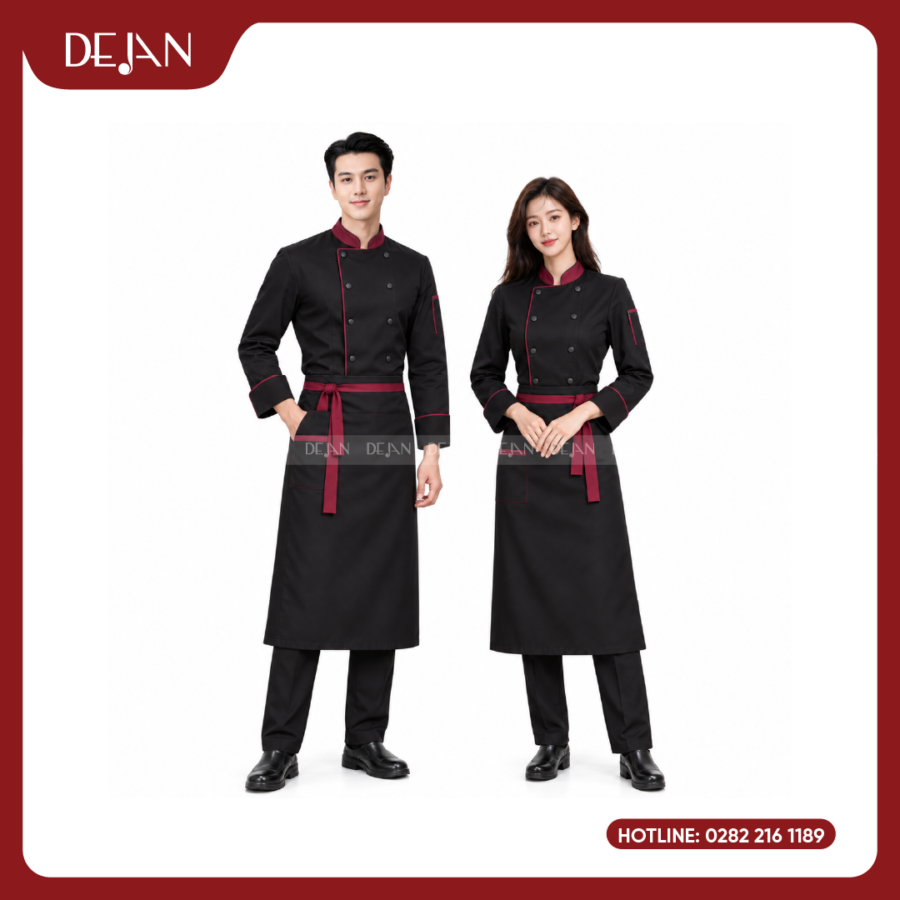 Đồng Phục Đầu Bếp DJDB1008 - Áo Chef Đen Cổ Đỏ Đô Viền Đỏ, Tạp Dề Đen Dây Đỏ