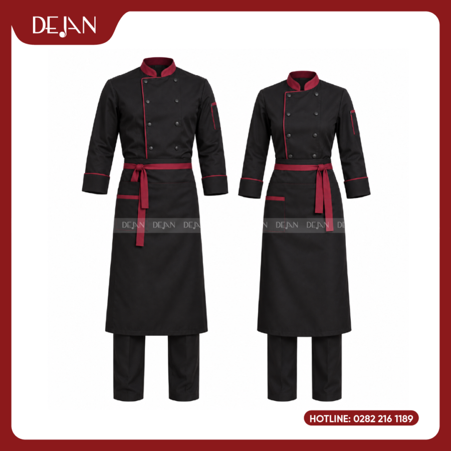 Đồng Phục Đầu Bếp DJDB1008 - Áo Chef Đen Cổ Đỏ Đô Viền Đỏ, Tạp Dề Đen Dây Đỏ