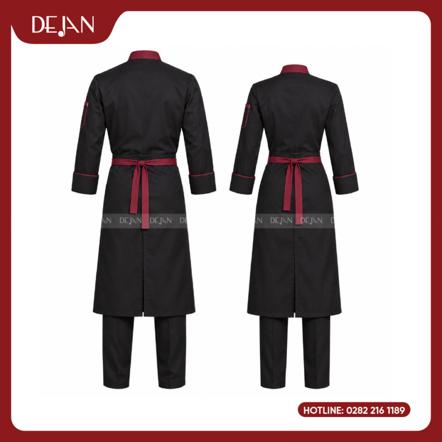 Đồng Phục Đầu Bếp DJDB1008 - Áo Chef Đen Cổ Đỏ Đô Viền Đỏ, Tạp Dề Đen Dây Đỏ