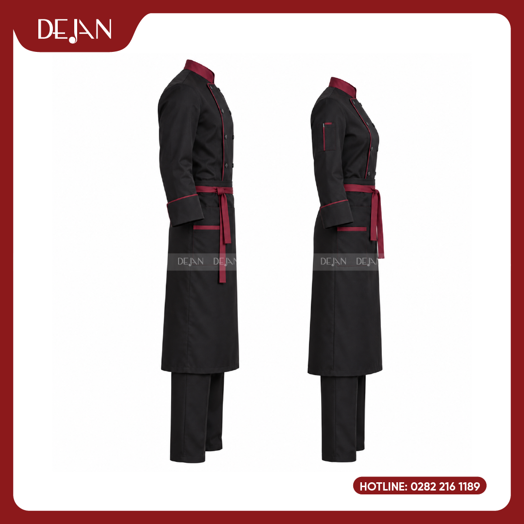 DJDB1008-dong-phuc-dau-bep-04 Đồng Phục Đầu Bếp DJDB1008 - Áo Chef Đen Cổ Đỏ Đô Viền Đỏ, Tạp Dề Đen Dây Đỏ