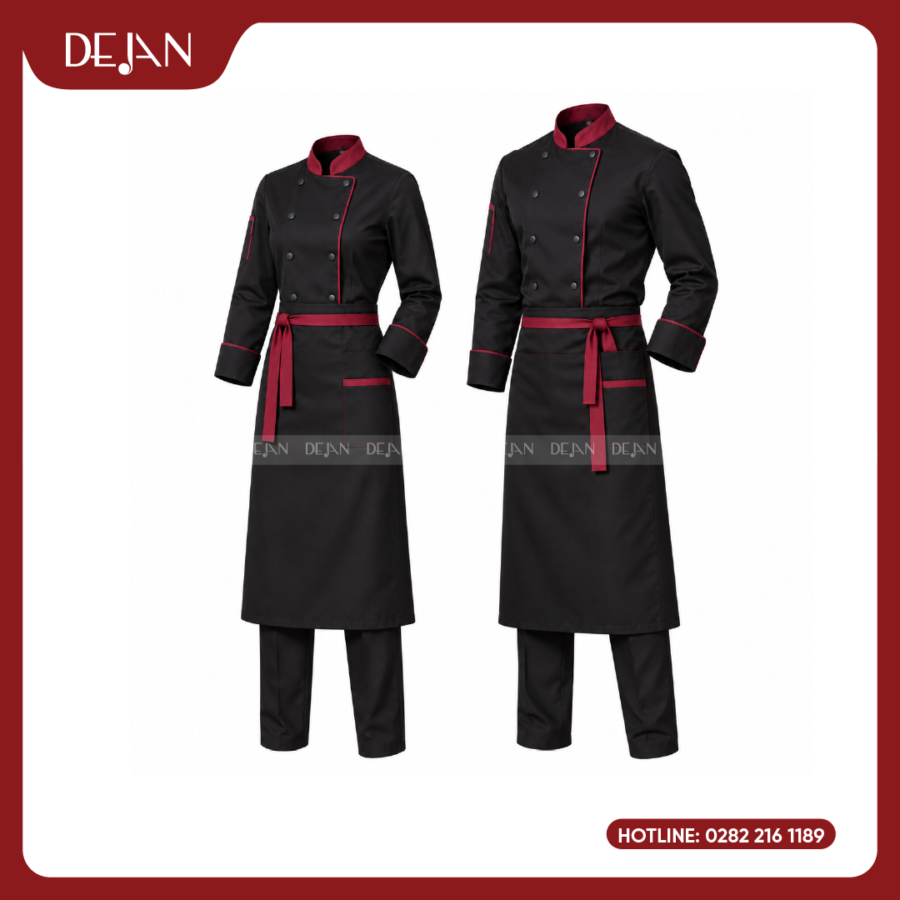 Đồng Phục Đầu Bếp DJDB1008 - Áo Chef Đen Cổ Đỏ Đô Viền Đỏ, Tạp Dề Đen Dây Đỏ