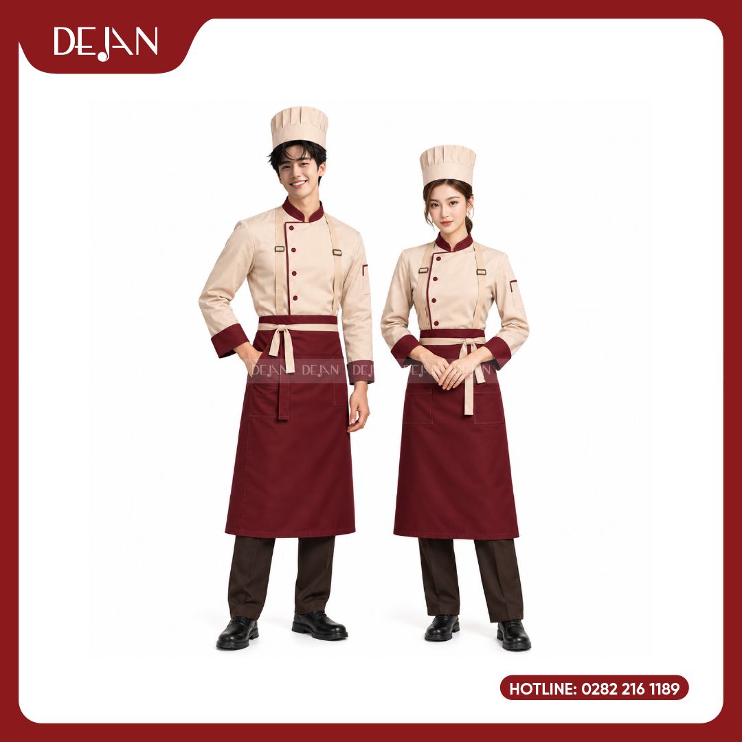 DJDB1009-dong-phuc-dau-bep-01 Đồng Phục Đầu Bếp DJDB1009 - Áo Chef Kem Cổ Đỏ Đô, Tạp Dề Đỏ Đô Quần Nâu
