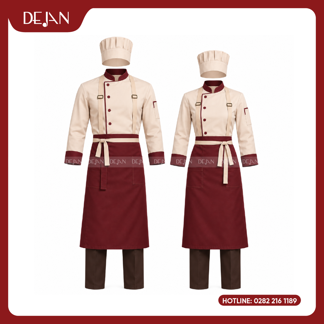 DJDB1009-dong-phuc-dau-bep-02 Đồng Phục Đầu Bếp DJDB1009 - Áo Chef Kem Cổ Đỏ Đô, Tạp Dề Đỏ Đô Quần Nâu