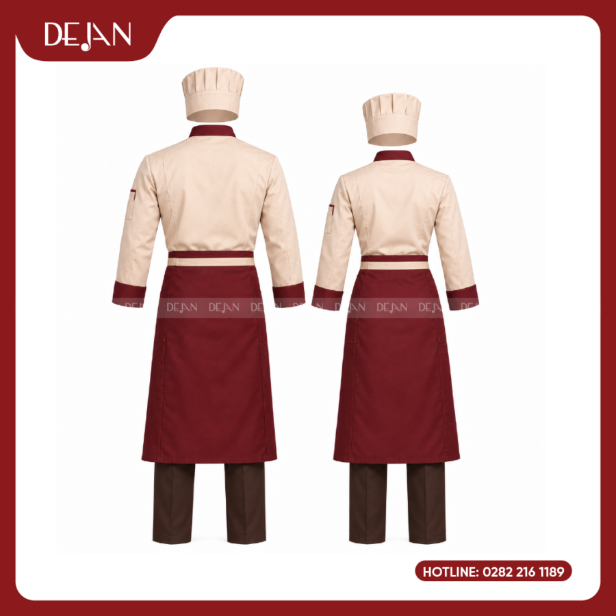 Đồng Phục Đầu Bếp DJDB1009 - Áo Chef Kem Cổ Đỏ Đô, Tạp Dề Đỏ Đô Quần Nâu