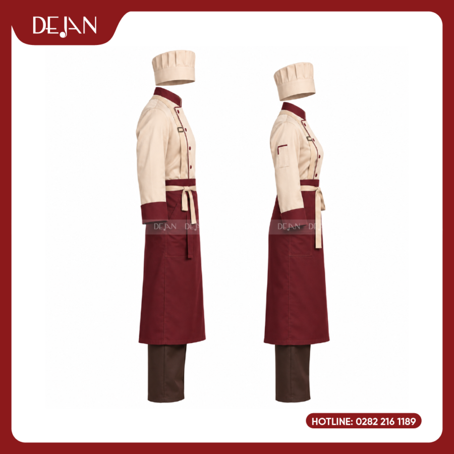 Đồng Phục Đầu Bếp DJDB1009 - Áo Chef Kem Cổ Đỏ Đô, Tạp Dề Đỏ Đô Quần Nâu