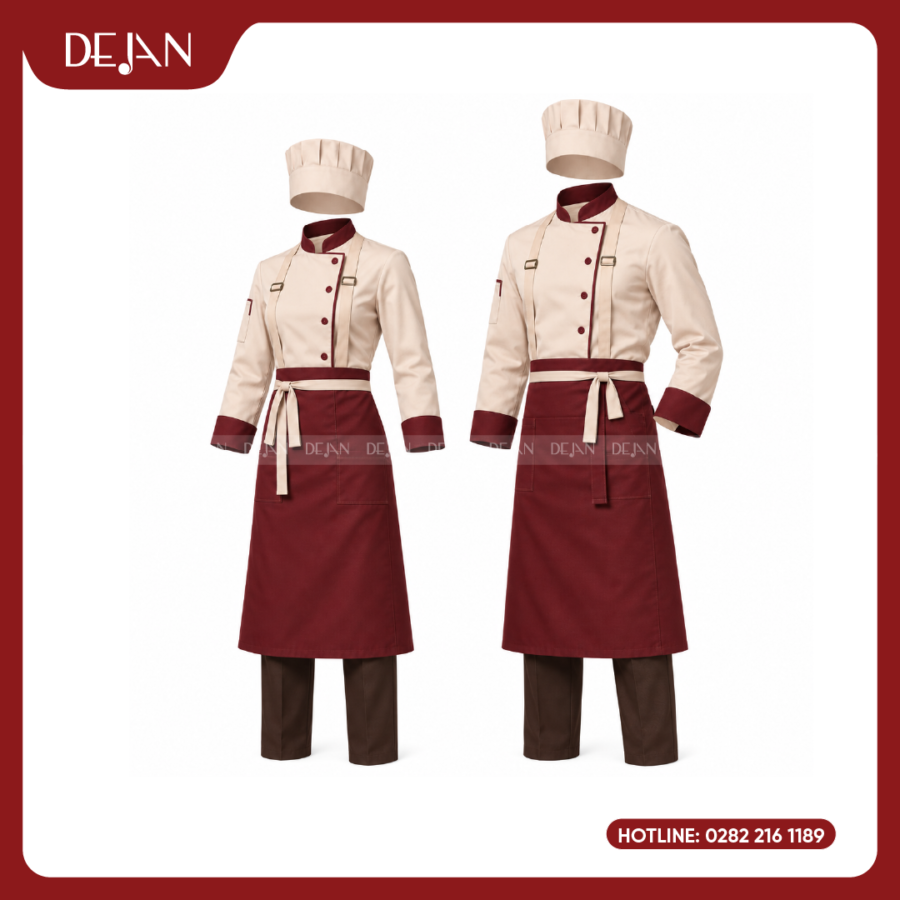 Đồng Phục Đầu Bếp DJDB1009 - Áo Chef Kem Cổ Đỏ Đô, Tạp Dề Đỏ Đô Quần Nâu