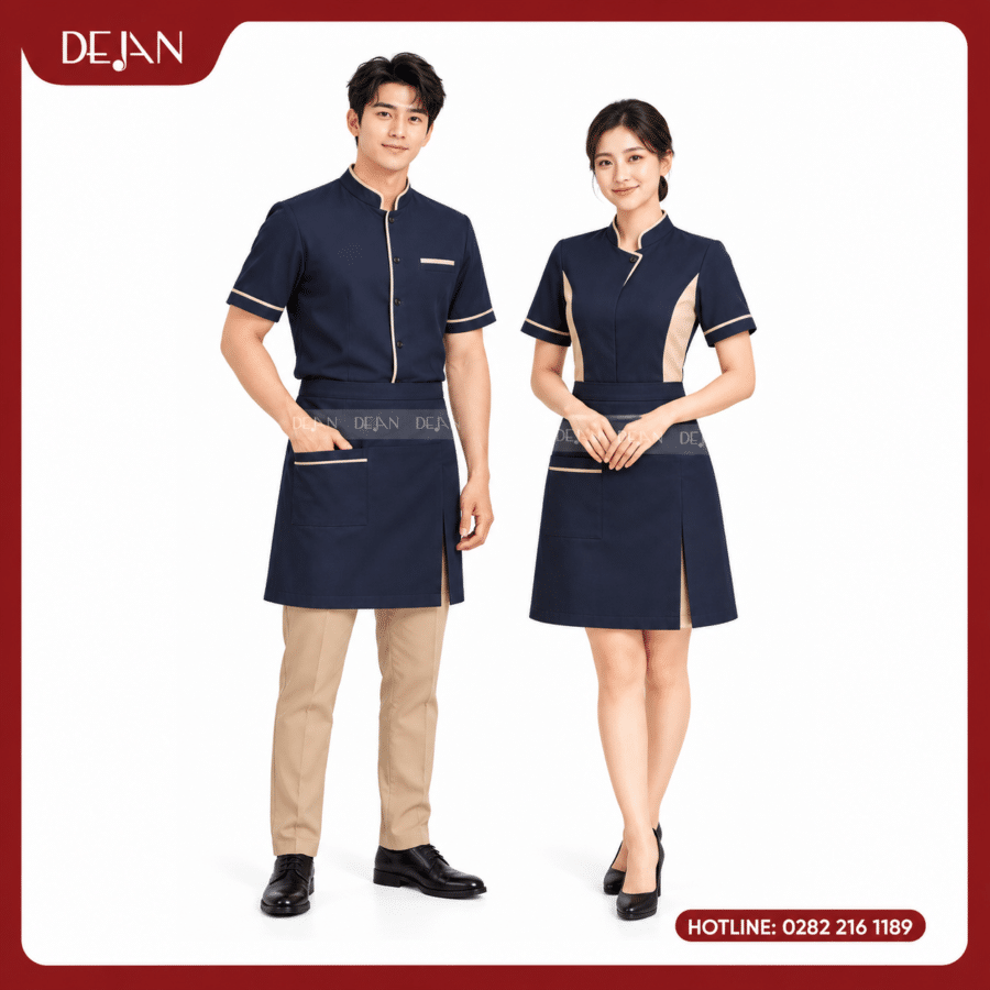 Đồng Phục Phục Vụ Nhà Hàng DJDPPVNH1001 - Xanh Navy Viền Be - Áo Cổ Trụ, Chân Váy & Tạp Dề Lửng