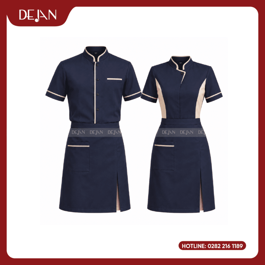 Đồng Phục Phục Vụ Nhà Hàng DJDPPVNH1001 - Xanh Navy Viền Be - Áo Cổ Trụ, Chân Váy & Tạp Dề Lửng