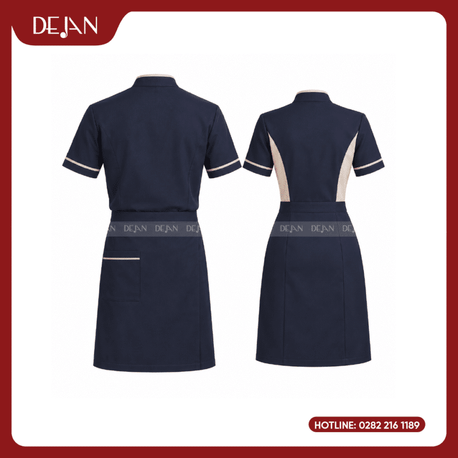 Đồng Phục Phục Vụ Nhà Hàng DJDPPVNH1001 - Xanh Navy Viền Be - Áo Cổ Trụ, Chân Váy & Tạp Dề Lửng