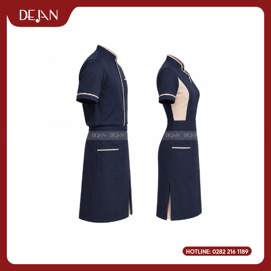 Đồng Phục Phục Vụ Nhà Hàng DJDPPVNH1001 - Xanh Navy Viền Be - Áo Cổ Trụ, Chân Váy & Tạp Dề Lửng