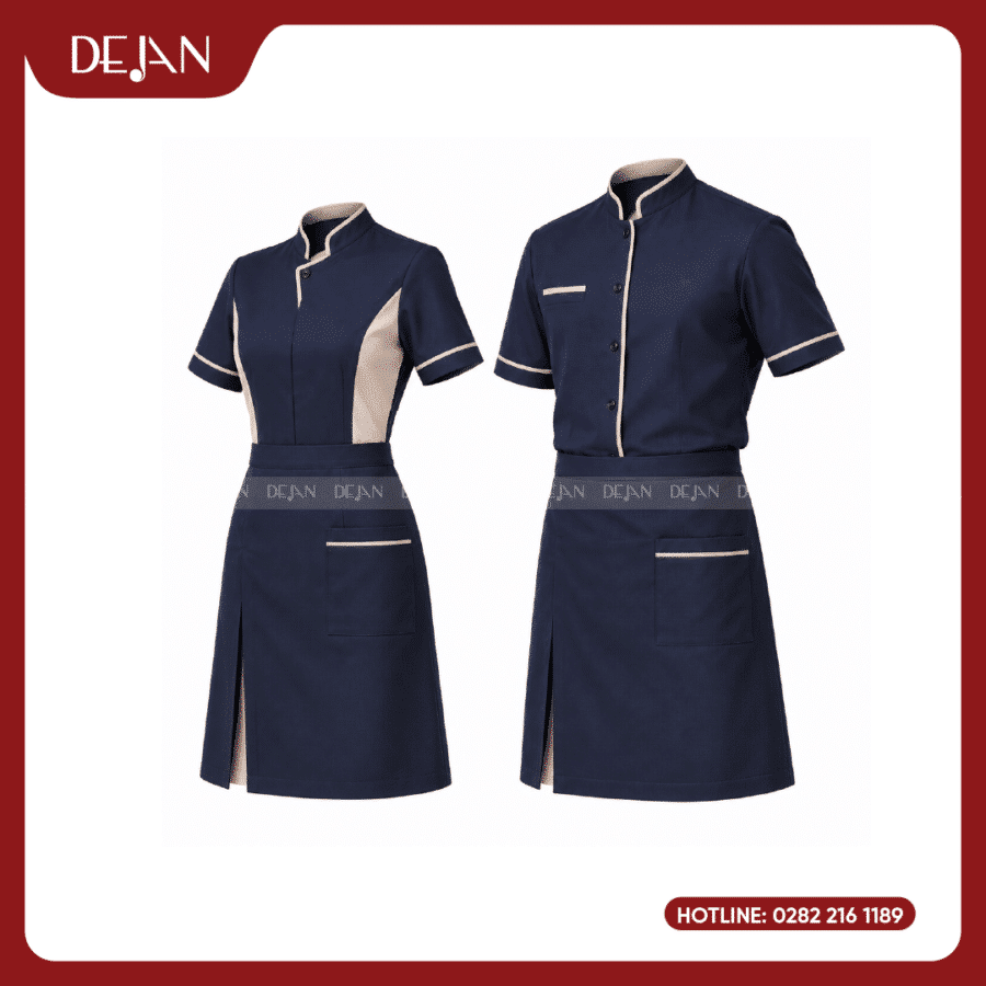 Đồng Phục Phục Vụ Nhà Hàng DJDPPVNH1001 - Xanh Navy Viền Be - Áo Cổ Trụ, Chân Váy & Tạp Dề Lửng
