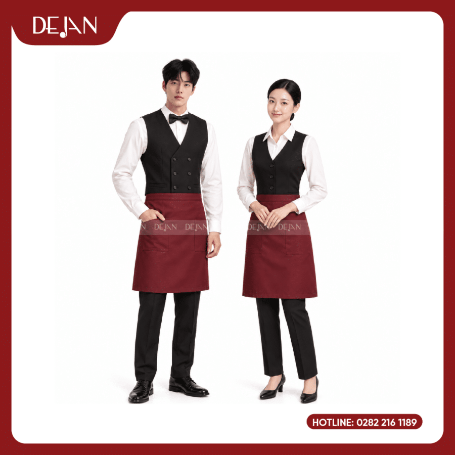 Đồng Phục Phục Vụ Nhà Hàng DJDPPVNH1002 - Gile Đen Sơ Mi Trắng Tạp Dề Đỏ Đô