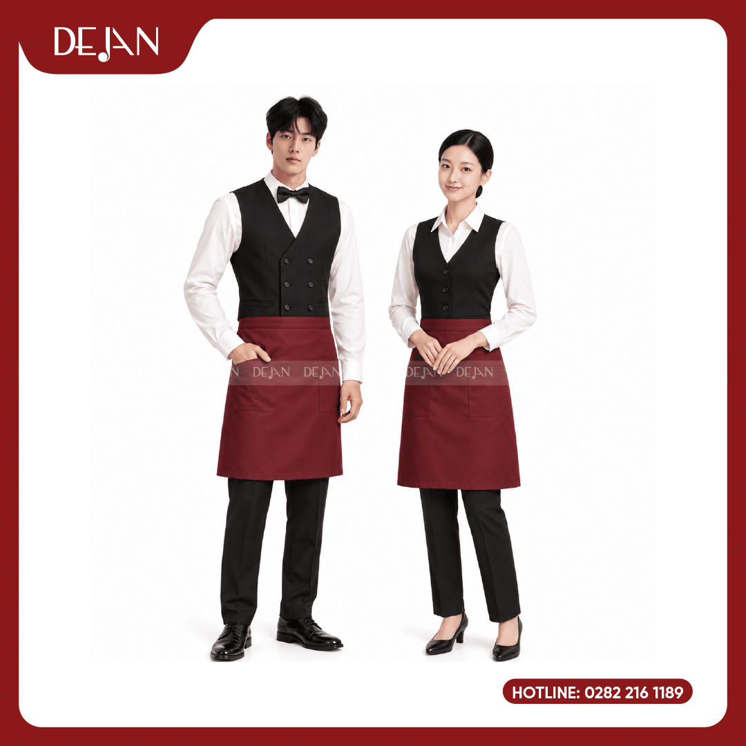 DJDPPVNH1002-dong-phuc-phuc-vu-nha-hang-01 Đồng Phục Phục Vụ Nhà Hàng DJDPPVNH1002 - Gile Đen Sơ Mi Trắng Tạp Dề Đỏ Đô