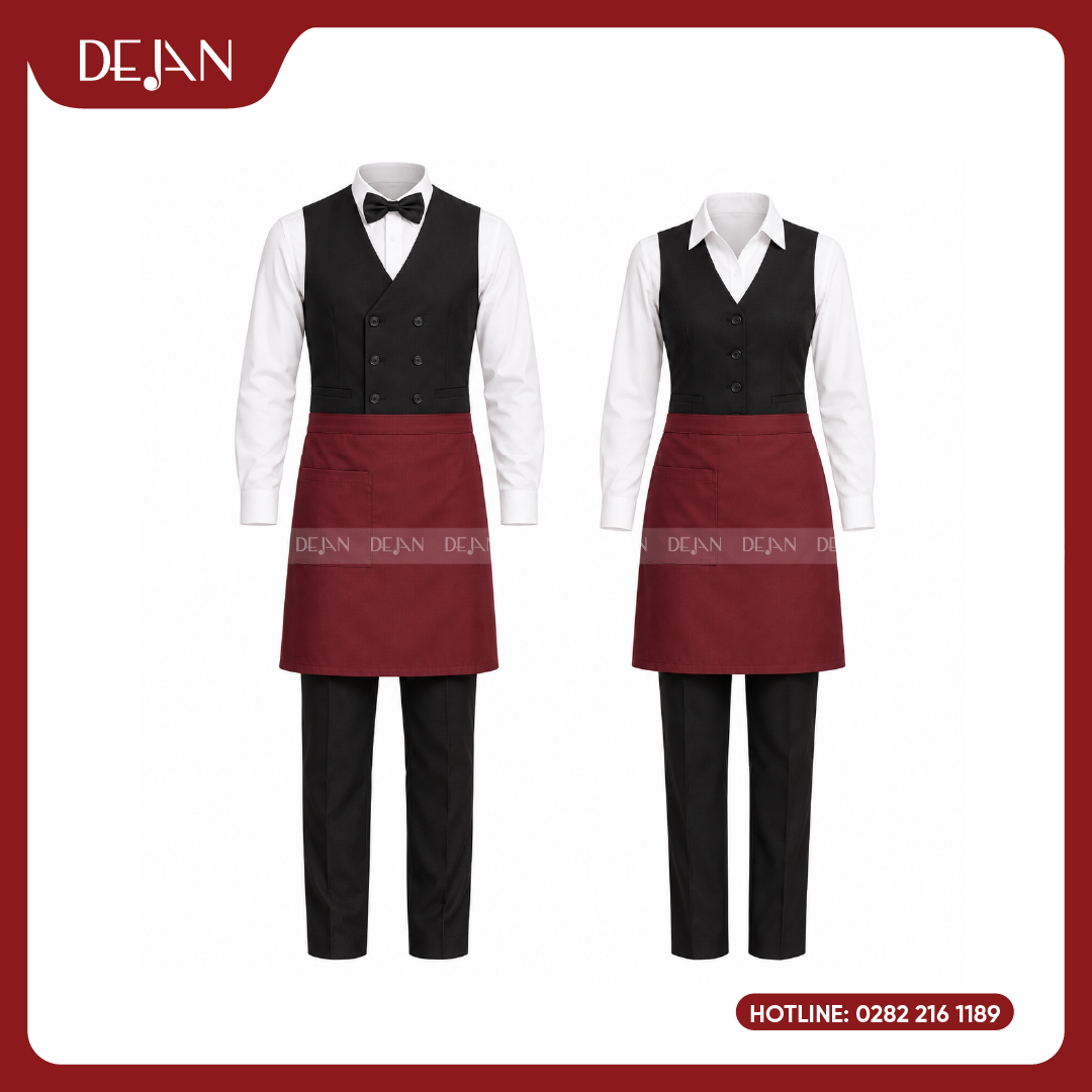 DJDPPVNH1002-dong-phuc-phuc-vu-nha-hang-02 Đồng Phục Phục Vụ Nhà Hàng DJDPPVNH1002 - Gile Đen Sơ Mi Trắng Tạp Dề Đỏ Đô