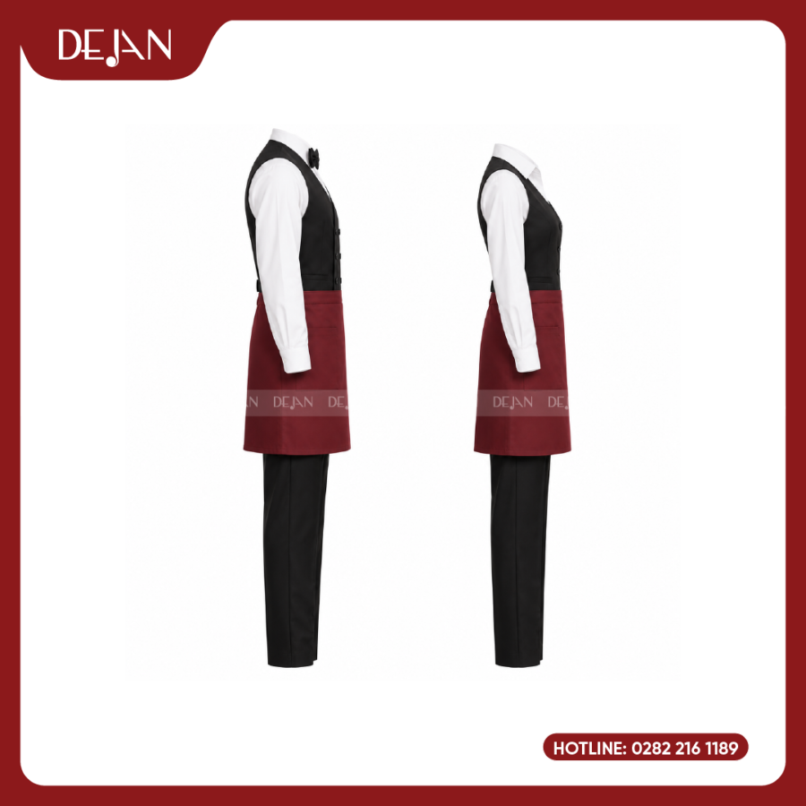 Đồng Phục Phục Vụ Nhà Hàng DJDPPVNH1002 - Gile Đen Sơ Mi Trắng Tạp Dề Đỏ Đô