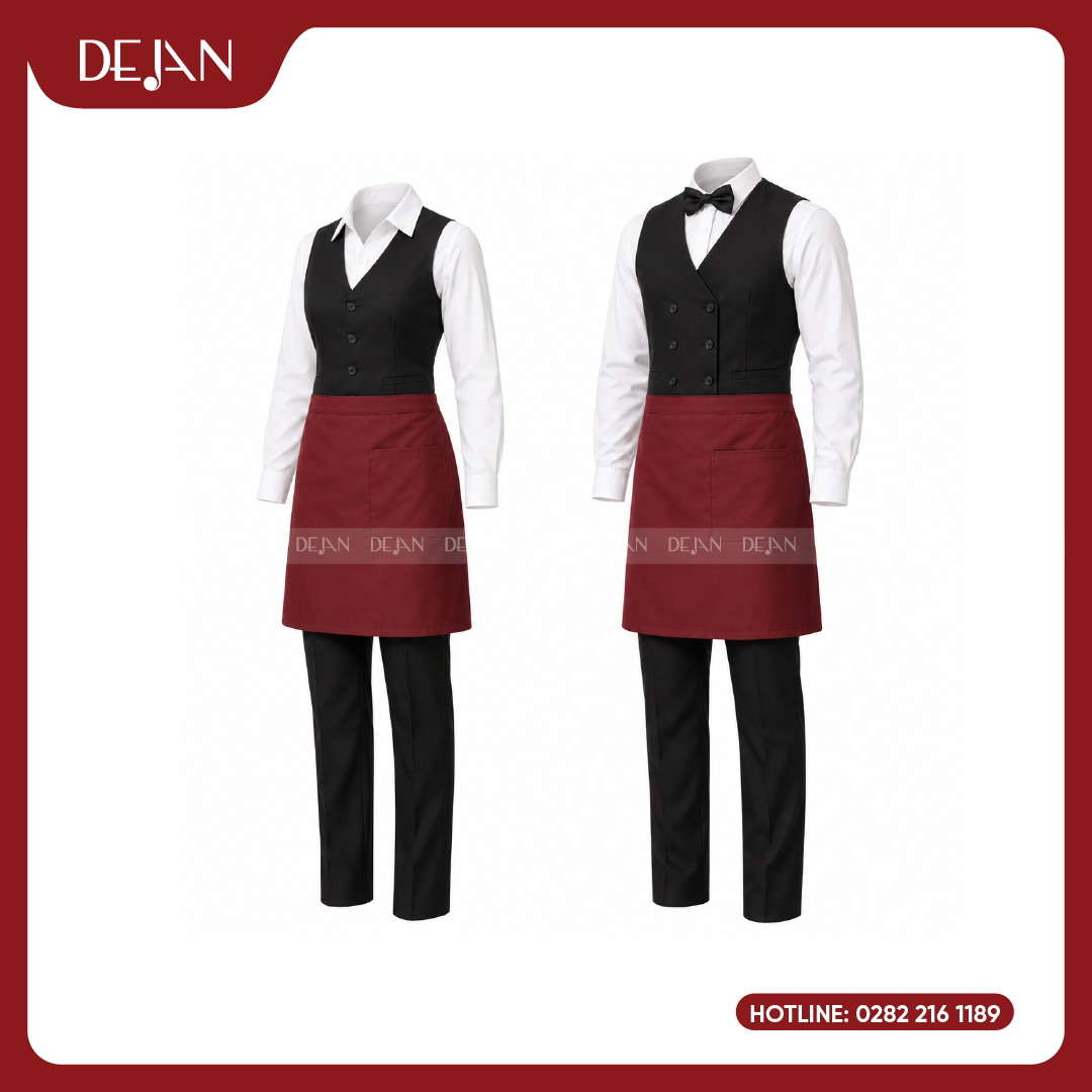DJDPPVNH1002-dong-phuc-phuc-vu-nha-hang-05 Đồng Phục Phục Vụ Nhà Hàng DJDPPVNH1002 - Gile Đen Sơ Mi Trắng Tạp Dề Đỏ Đô