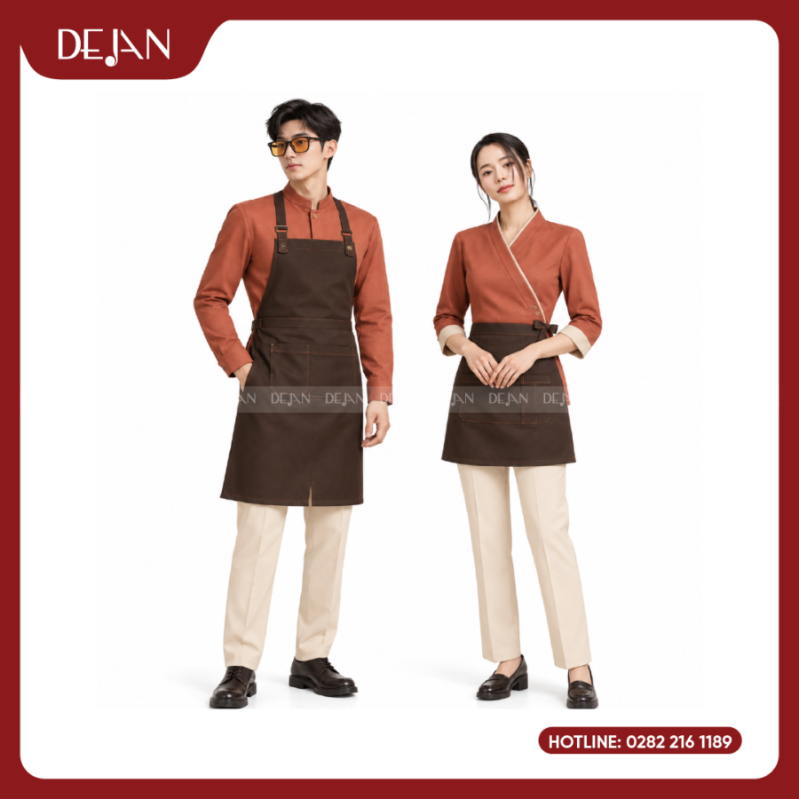 Đồng Phục Phục Vụ Nhà Hàng DJDPPVNH1003 - Cam Đất Tạp Dề Nâu Phong Cách Nhật