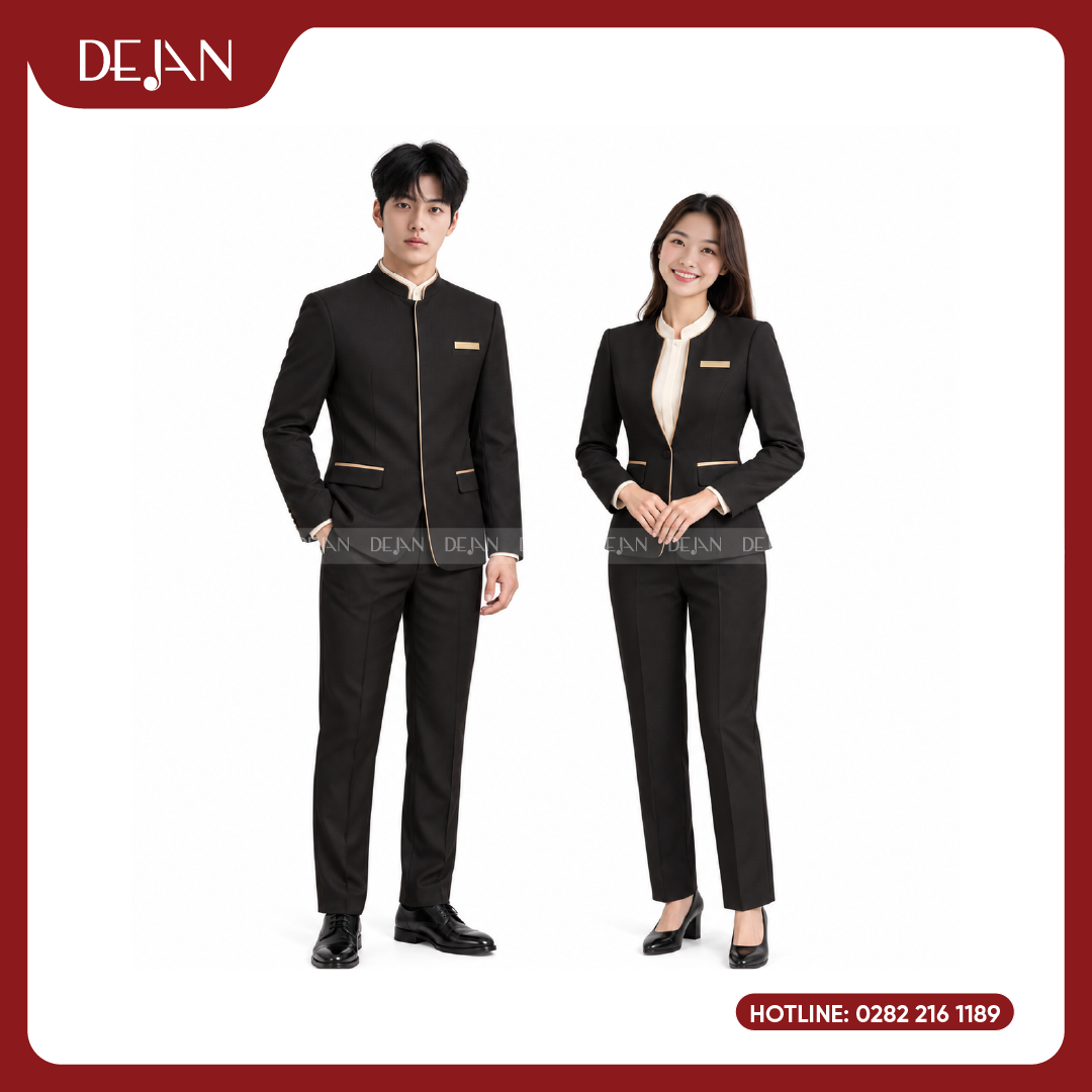 DJDPPVNH1004-dong-phuc-phuc-vu-nha-hang-01 Đồng Phục Phục Vụ Nhà Hàng DJDPPVNH1004 - Vest Cổ Trụ Đen Viền Be