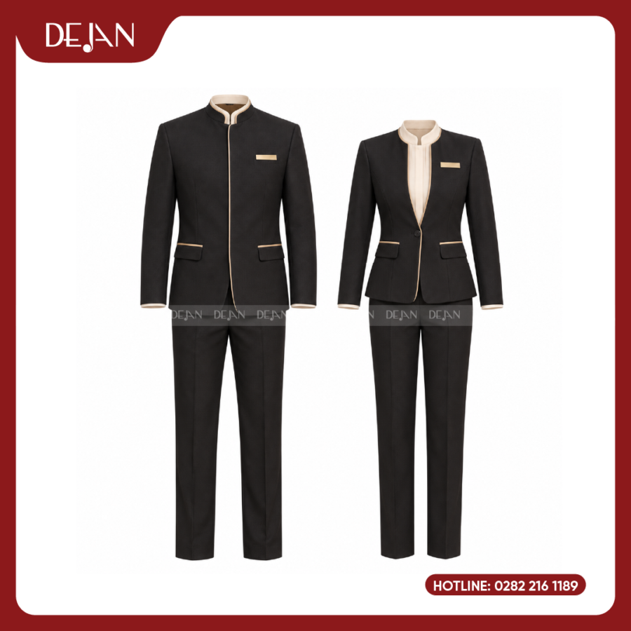 Đồng Phục Phục Vụ Nhà Hàng DJDPPVNH1004 - Vest Cổ Trụ Đen Viền Be