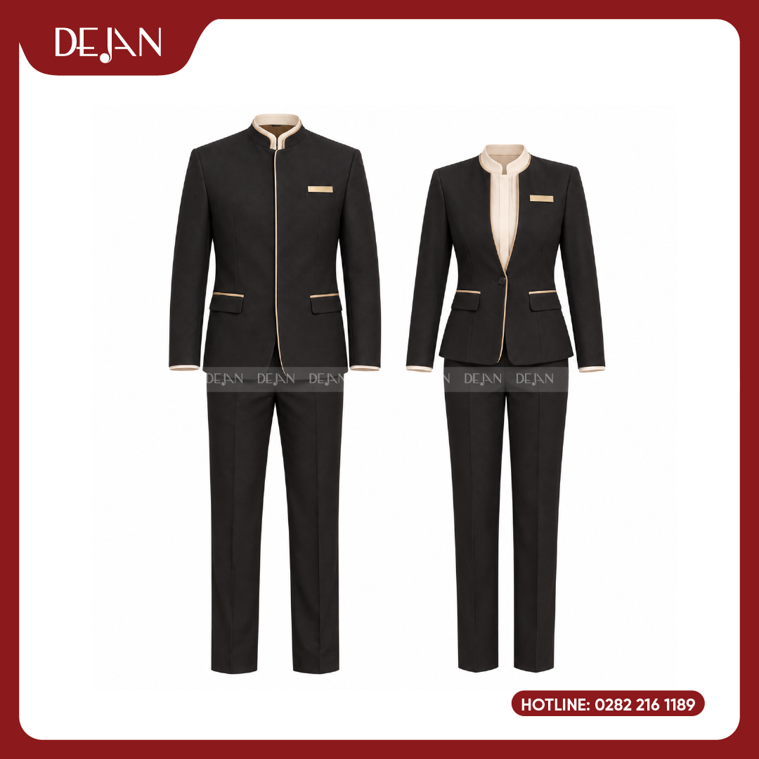 DJDPPVNH1004-dong-phuc-phuc-vu-nha-hang-02 Đồng Phục Phục Vụ Nhà Hàng DJDPPVNH1004 - Vest Cổ Trụ Đen Viền Be