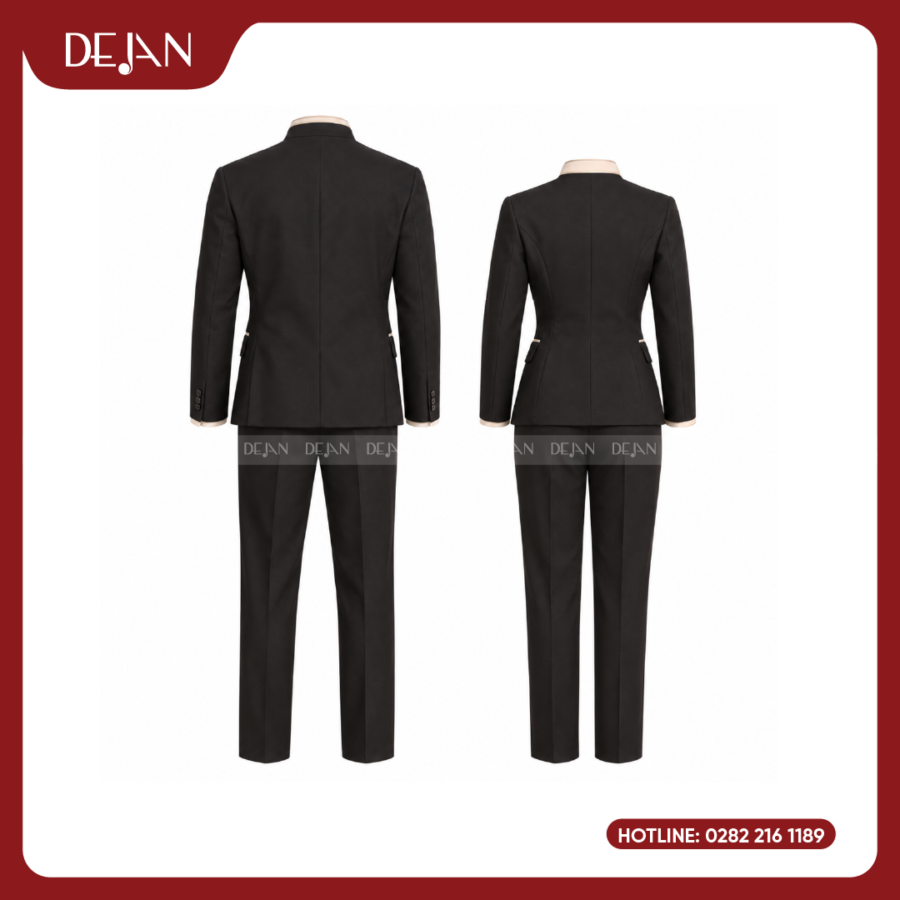Đồng Phục Phục Vụ Nhà Hàng DJDPPVNH1004 - Vest Cổ Trụ Đen Viền Be