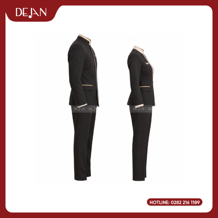 Đồng Phục Phục Vụ Nhà Hàng DJDPPVNH1004 - Vest Cổ Trụ Đen Viền Be
