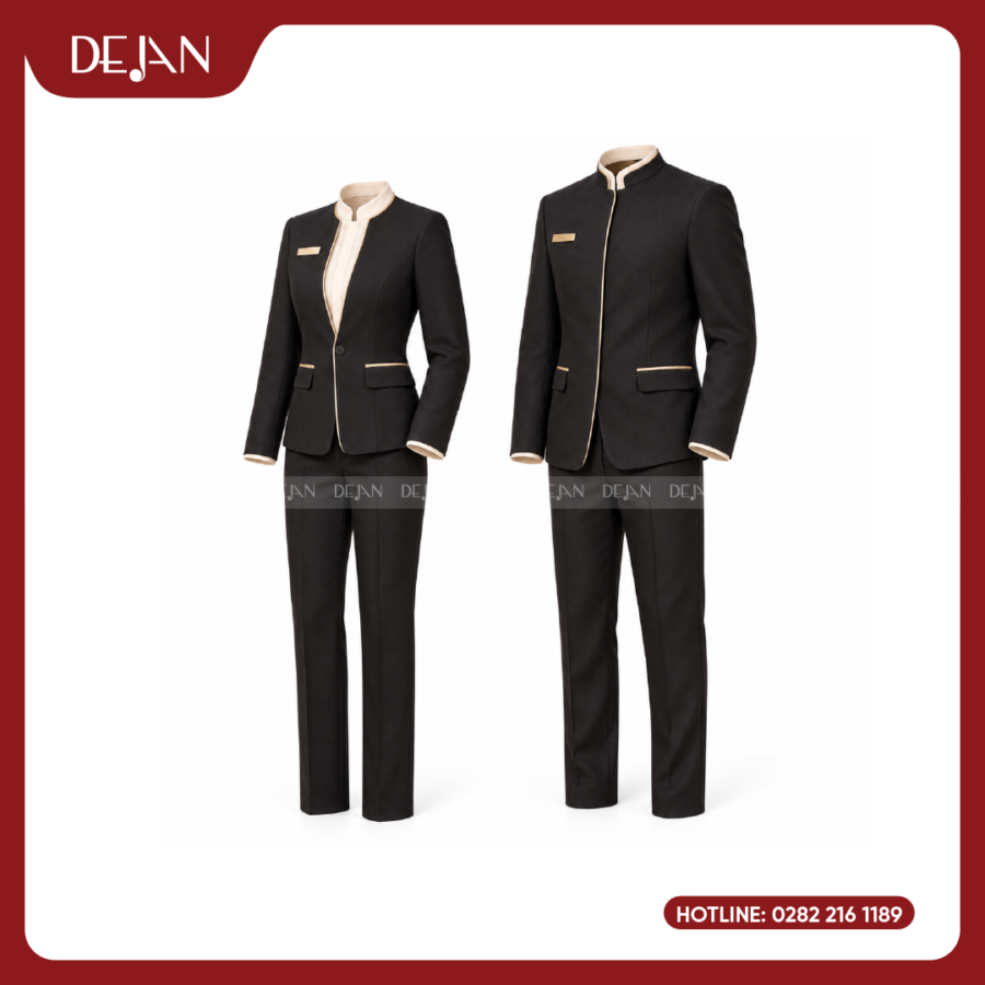 Đồng Phục Phục Vụ Nhà Hàng DJDPPVNH1004 - Vest Cổ Trụ Đen Viền Be