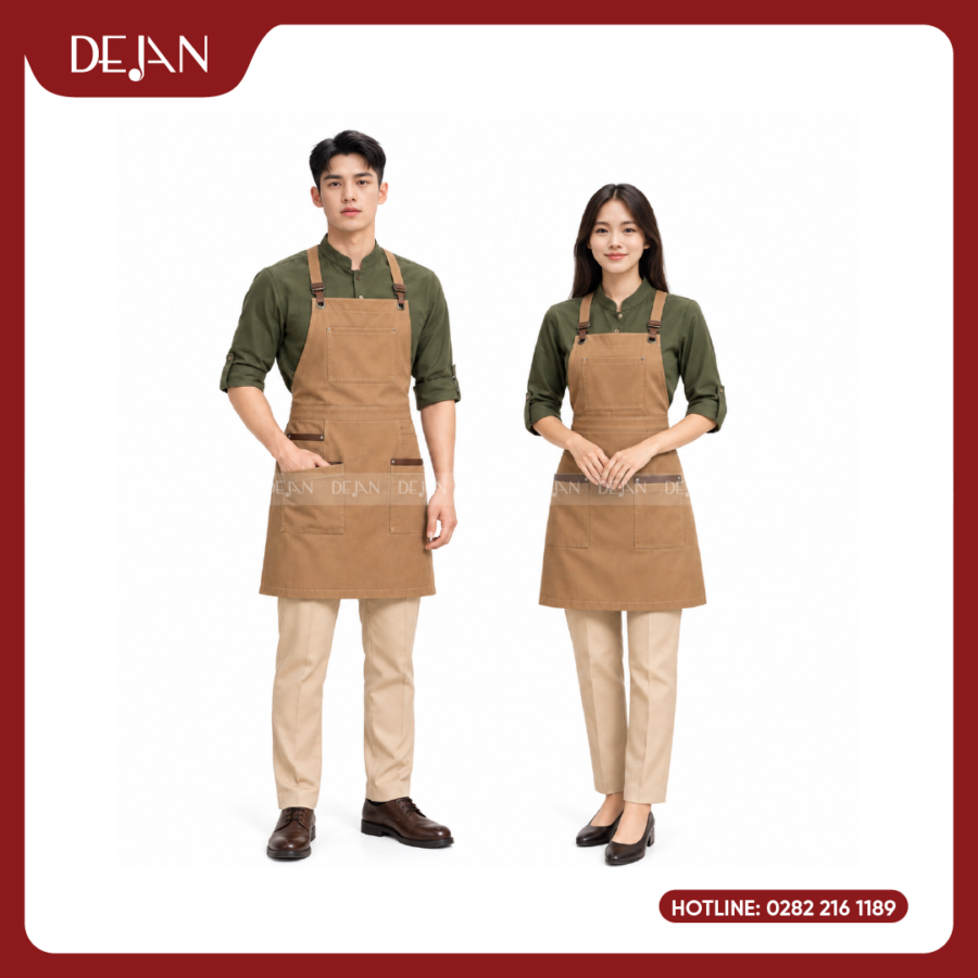 Đồng Phục Phục Vụ Nhà Hàng DJDPPVNH1005 - Xanh Rêu Tạp Dề Yếm Nâu Camel
