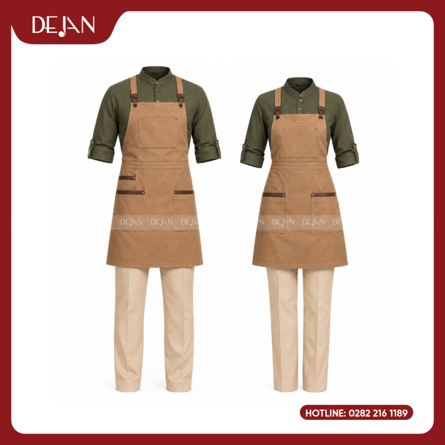 Đồng Phục Phục Vụ Nhà Hàng DJDPPVNH1005 - Xanh Rêu Tạp Dề Yếm Nâu Camel