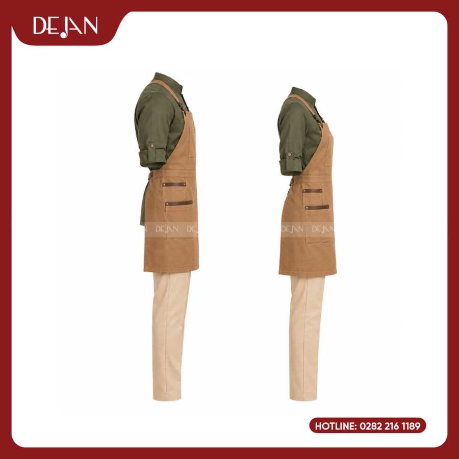 Đồng Phục Phục Vụ Nhà Hàng DJDPPVNH1005 - Xanh Rêu Tạp Dề Yếm Nâu Camel