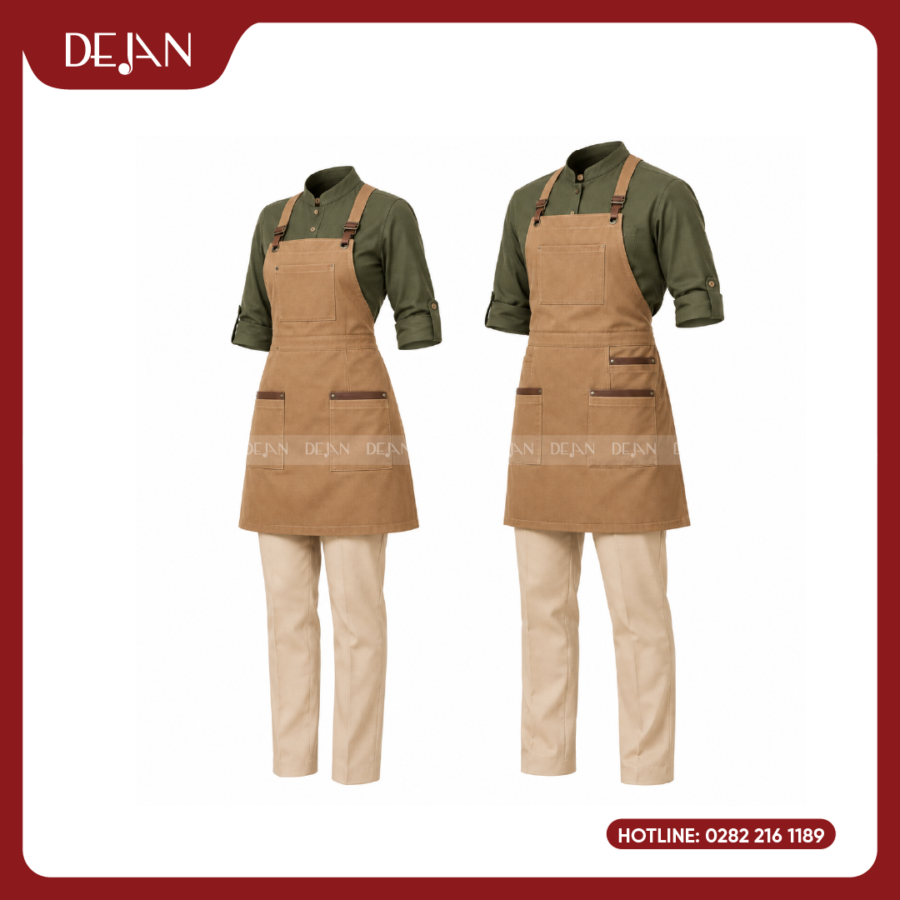 Đồng Phục Phục Vụ Nhà Hàng DJDPPVNH1005 - Xanh Rêu Tạp Dề Yếm Nâu Camel