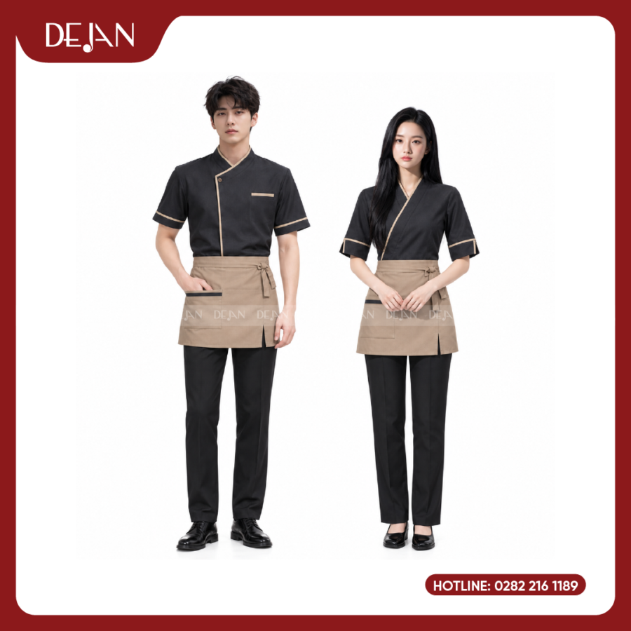 Đồng Phục Phục Vụ Nhà Hàng DJDPPVNH1006 - Áo Đen Than Viền Be Tạp Dề Lửng Kaki Phong Cách Nhật