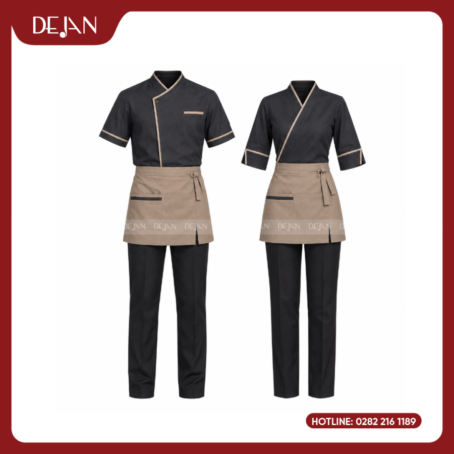 Đồng Phục Phục Vụ Nhà Hàng DJDPPVNH1006 - Áo Đen Than Viền Be Tạp Dề Lửng Kaki Phong Cách Nhật