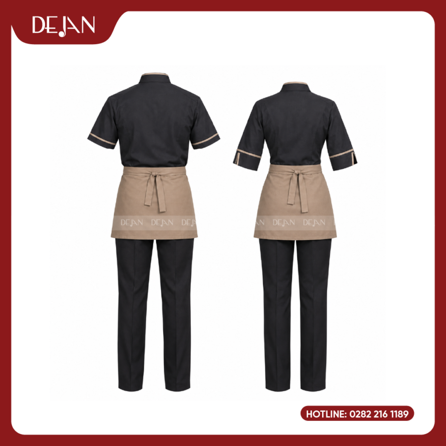 Đồng Phục Phục Vụ Nhà Hàng DJDPPVNH1006 - Áo Đen Than Viền Be Tạp Dề Lửng Kaki Phong Cách Nhật