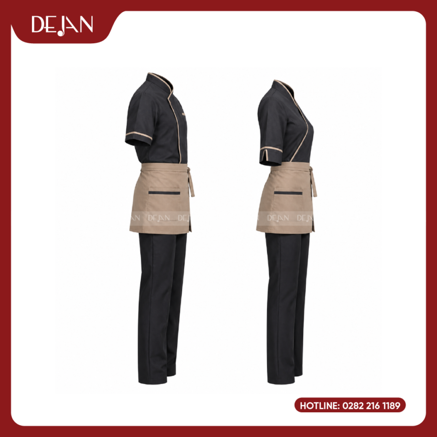Đồng Phục Phục Vụ Nhà Hàng DJDPPVNH1006 - Áo Đen Than Viền Be Tạp Dề Lửng Kaki Phong Cách Nhật