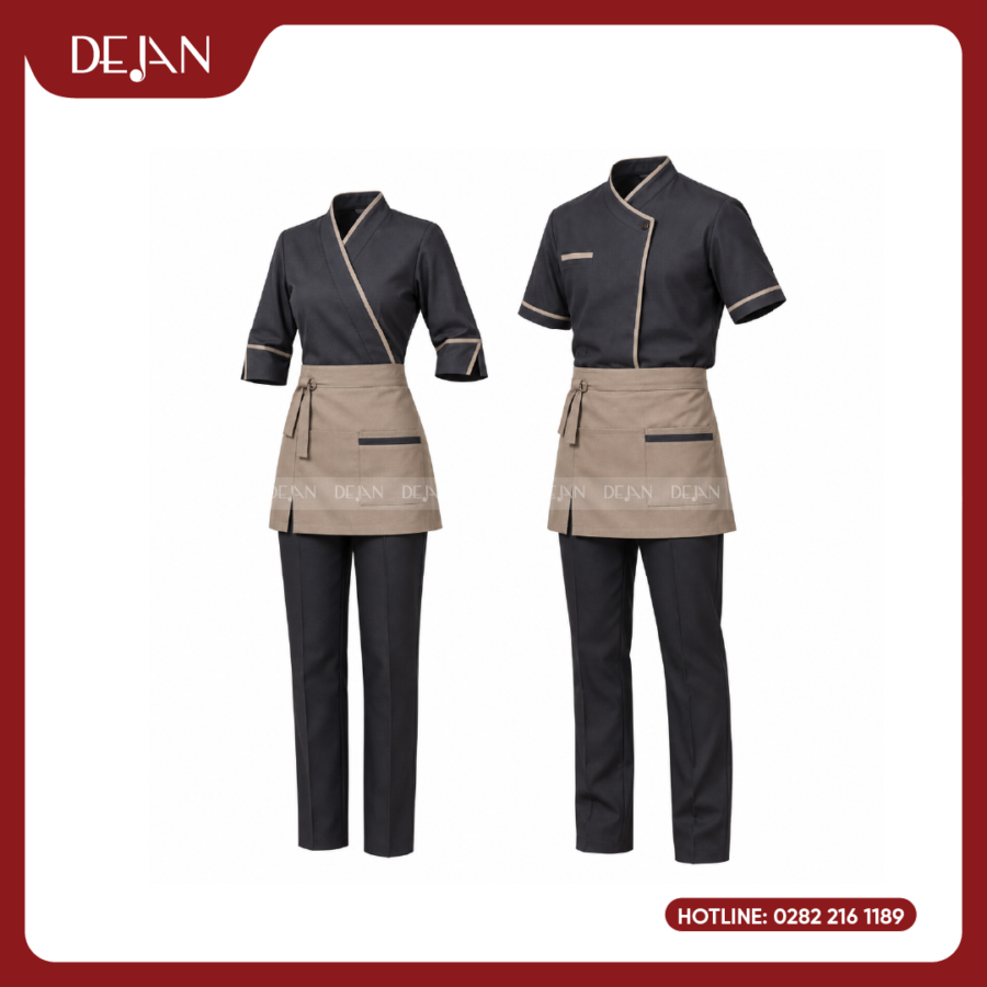Đồng Phục Phục Vụ Nhà Hàng DJDPPVNH1006 - Áo Đen Than Viền Be Tạp Dề Lửng Kaki Phong Cách Nhật