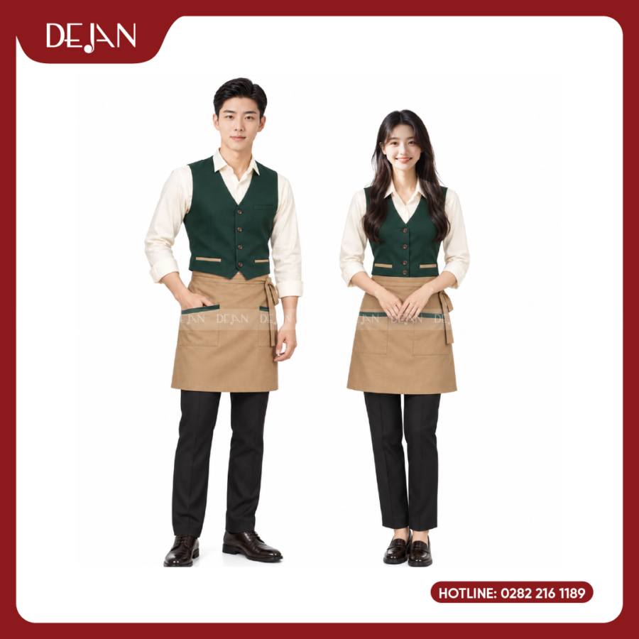 Đồng Phục Phục Vụ Nhà Hàng DJDPPVNH1007 - Gile Xanh Rêu Đậm Sơ Mi Kem Tạp Dề Be