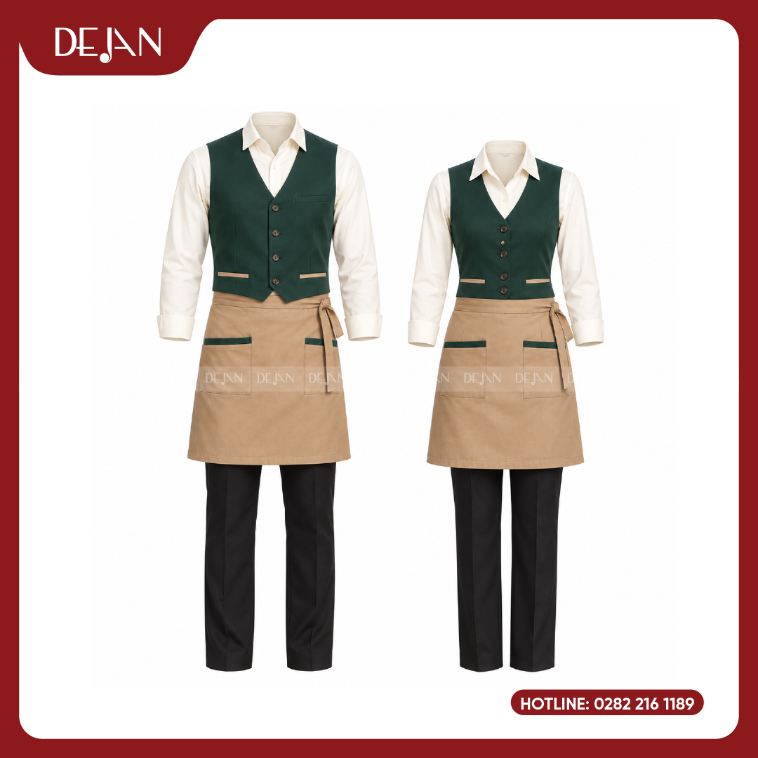 DJDPPVNH1007-dong-phuc-phuc-vu-nha-hang-02 Đồng Phục Phục Vụ Nhà Hàng DJDPPVNH1007 - Gile Xanh Rêu Đậm Sơ Mi Kem Tạp Dề Be