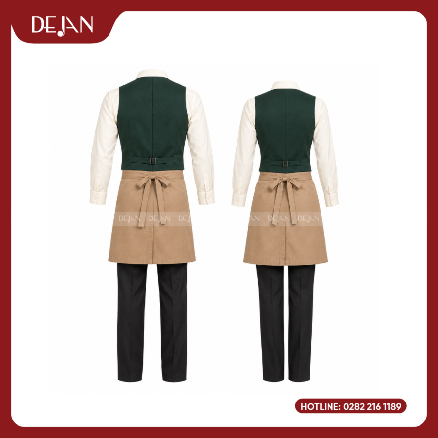 Đồng Phục Phục Vụ Nhà Hàng DJDPPVNH1007 - Gile Xanh Rêu Đậm Sơ Mi Kem Tạp Dề Be