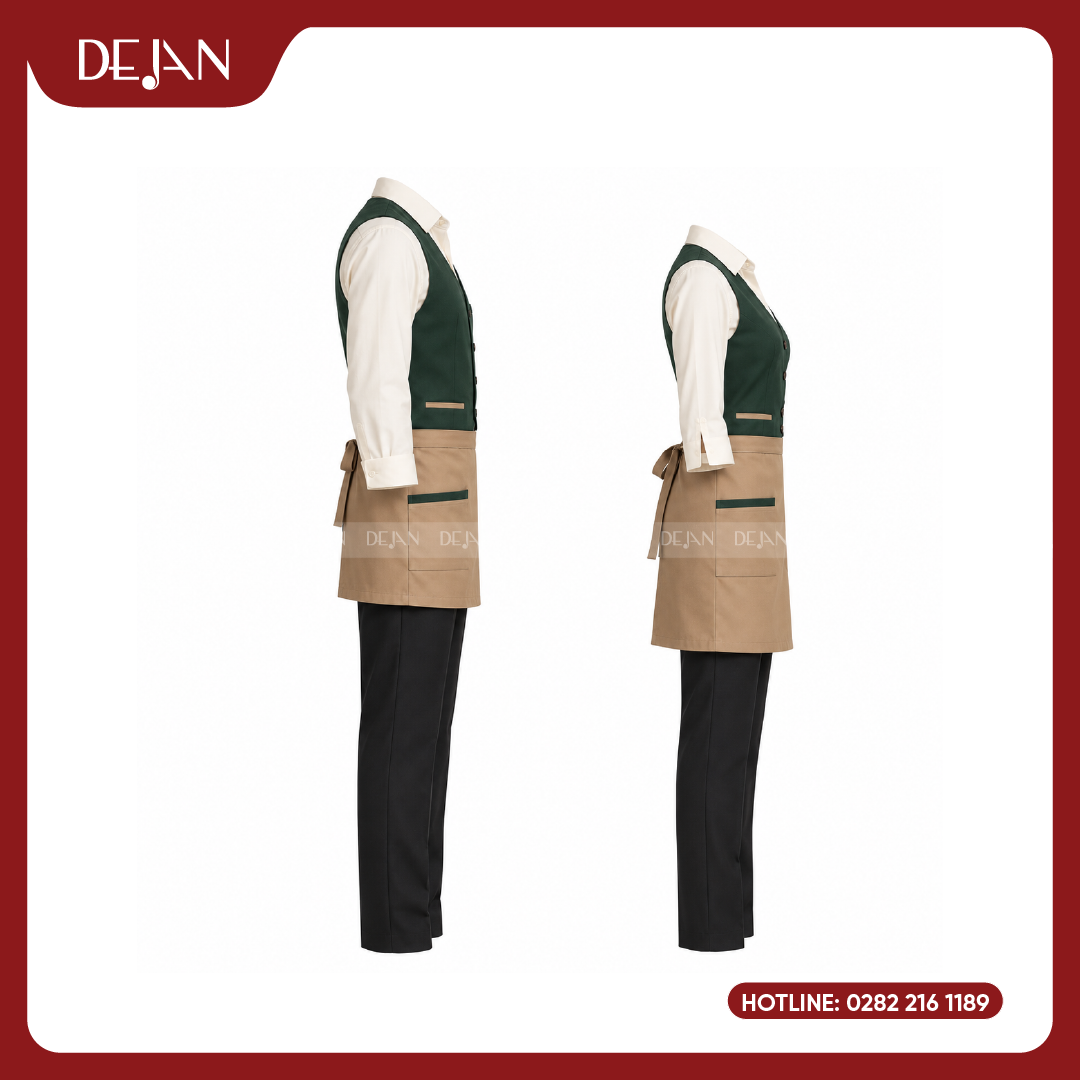 DJDPPVNH1007-dong-phuc-phuc-vu-nha-hang-04 Đồng Phục Phục Vụ Nhà Hàng DJDPPVNH1007 - Gile Xanh Rêu Đậm Sơ Mi Kem Tạp Dề Be