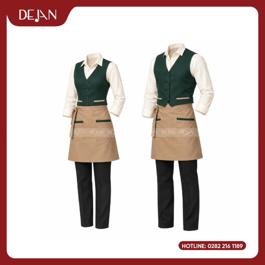 Đồng Phục Phục Vụ Nhà Hàng DJDPPVNH1007 - Gile Xanh Rêu Đậm Sơ Mi Kem Tạp Dề Be