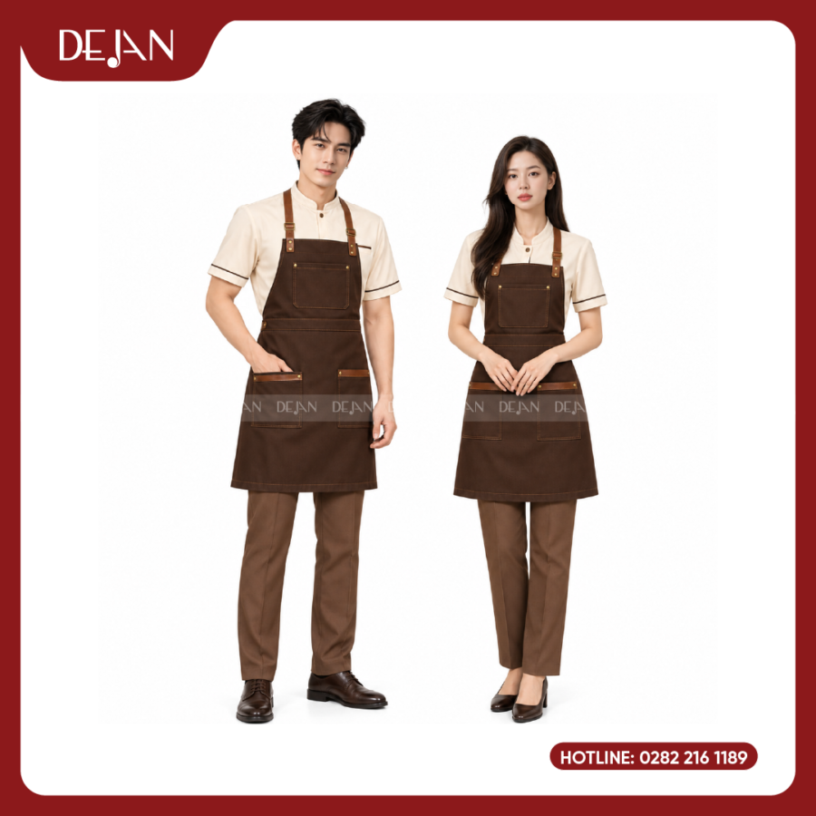 Đồng Phục Phục Vụ Nhà Hàng DJDPPVNH1008 - Áo Kem Tạp Dề Yếm Nâu Socola