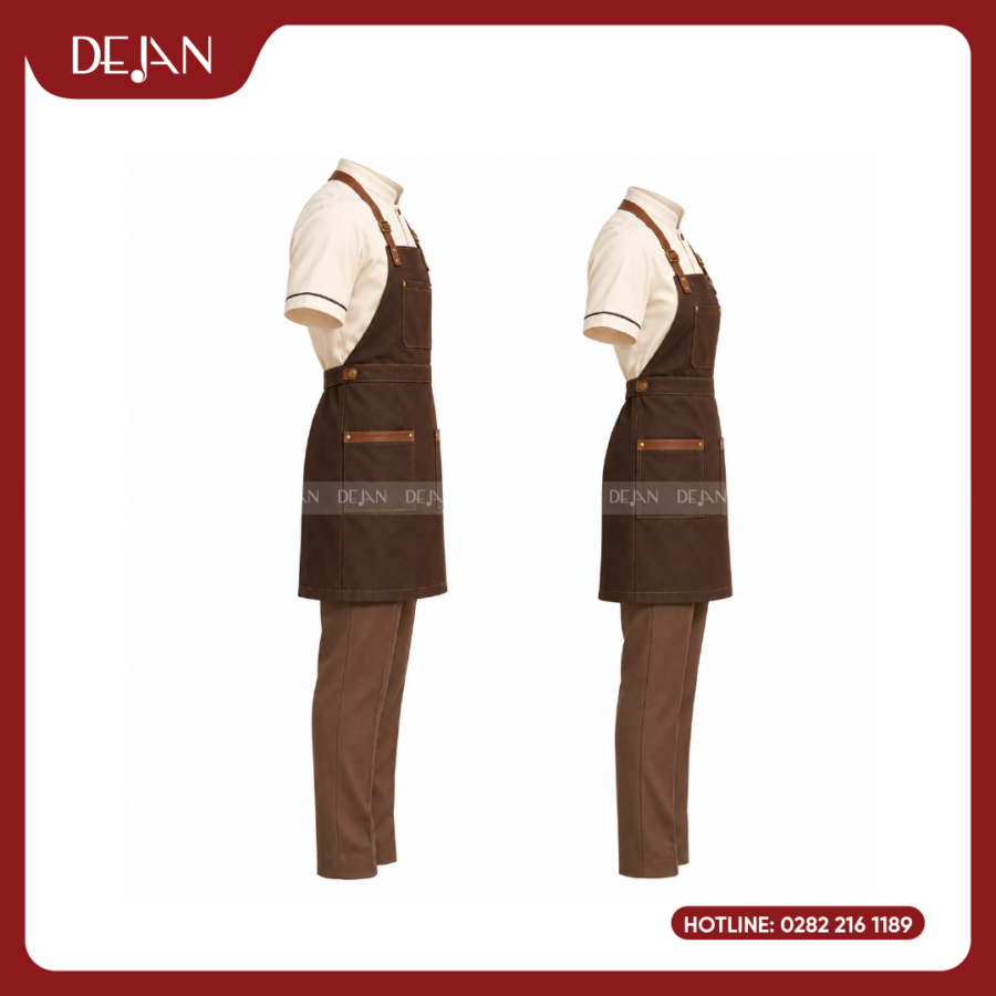 Đồng Phục Phục Vụ Nhà Hàng DJDPPVNH1008 - Áo Kem Tạp Dề Yếm Nâu Socola