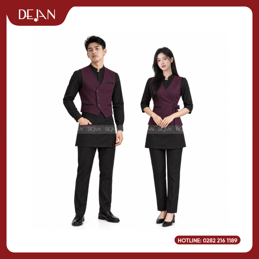 Đồng Phục Phục Vụ Nhà Hàng DJDPPVNH1009 - Gile Tím Đỏ Mận Sơ Mi Đen