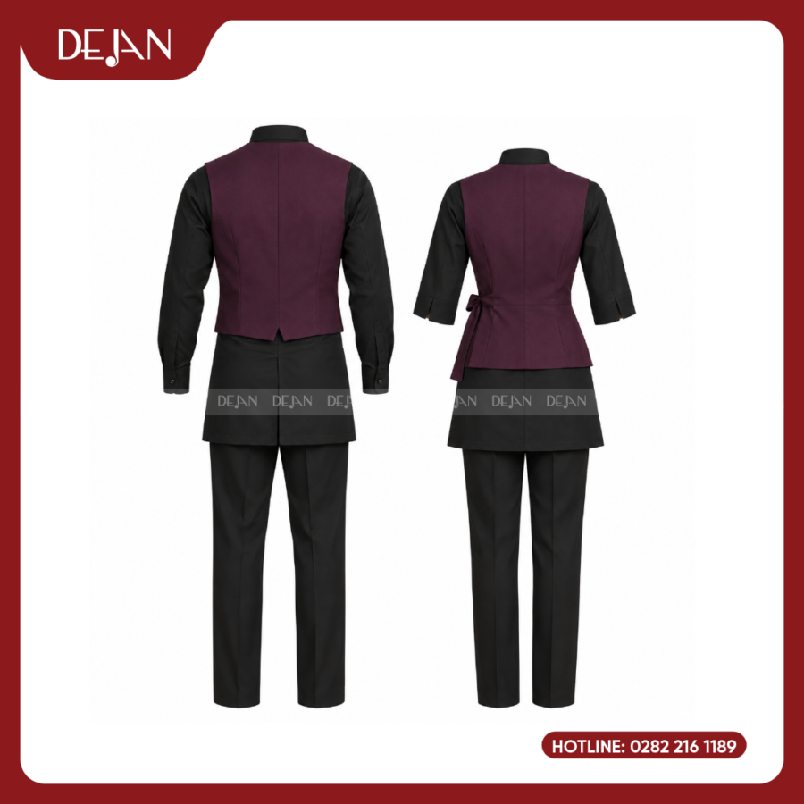 Đồng Phục Phục Vụ Nhà Hàng DJDPPVNH1009 - Gile Tím Đỏ Mận Sơ Mi Đen